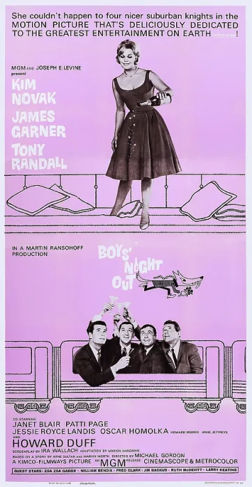 Framed Print : BOYS NIGHT OUT, US poster art, top: Kim Novak; bottom from left: James Garner, Tony Randall, Howard Morris, Howard Duff, 1962 Framed Print : BOYS NIGHT OUT, US poster art, top: Kim Novak; bottom from left: James Garner, Tony Randall, Howard Morris, Howard Duff, 1962