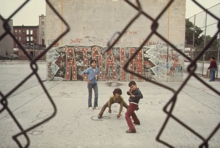 Framed Print : Three boys at play in Brooklyn's Lynch Park with Graffiti art spelling out A-Train. Ca. 1973-75 Framed Print : Three boys at play in Brooklyn's Lynch Park with Graffiti art spelling out A-Train. Ca. 1973-75