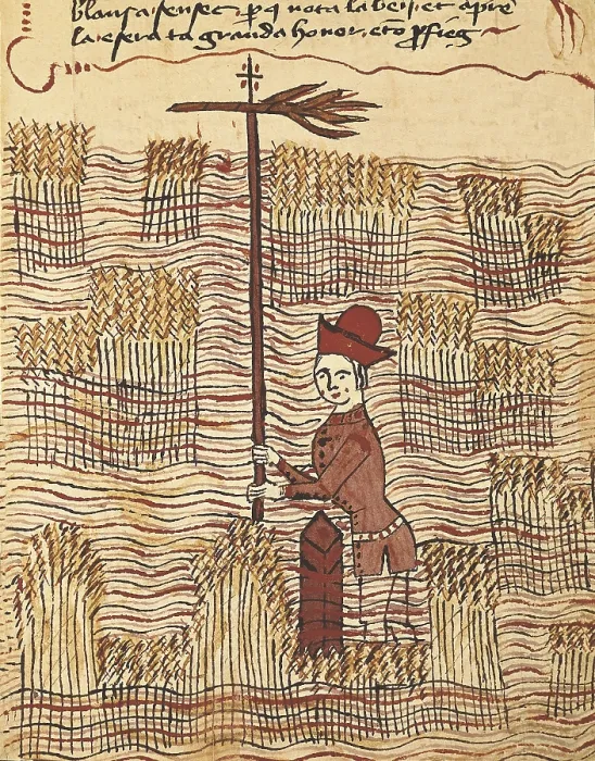 Framed Print : BOYSSET, Bertrand (1355-1415). Surveyor, historian and Occitan troubadour. Surveyor in a field. Using the weathervane on the milestone for better visibility. Ms 327 fol.197r