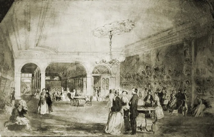Framed Print : Brady's Daguerrean Gallery in 1854. New Yorkers converse and look at daguerreotypes displayed on walls. In the background, an operator stands beside a camera Framed Print : Brady's Daguerrean Gallery in 1854. New Yorkers converse and look at daguerreotypes displayed on walls. In the background, an operator stands beside a camera