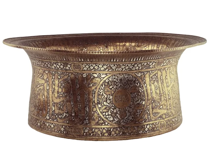 Framed Print : Brass basin inlaid with silver and gold. 1320 - 1341. With the name of the Mameluke sultan al-Nasir Muhammad. From Cairo or Damascus. 22.7 cm. high and 54 cm. diameter