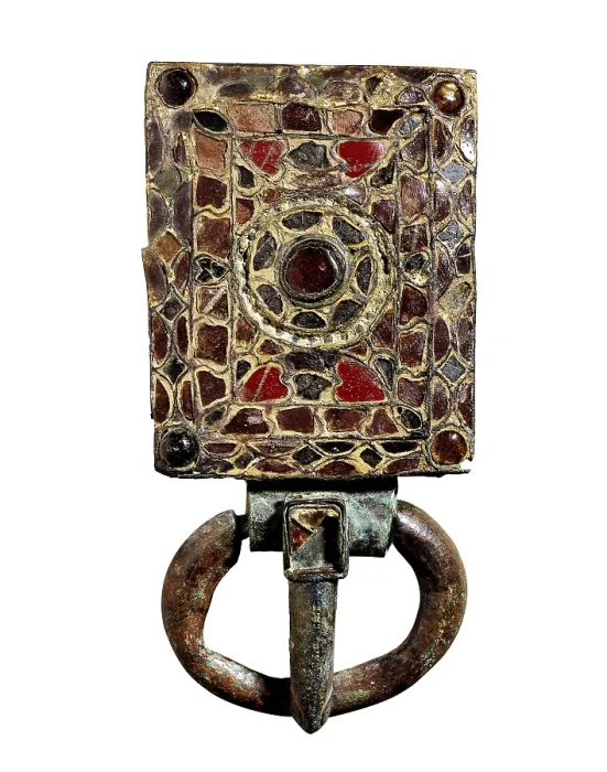 Framed Print : Brass belt buckle with encrusted glasses, 7th century. It belongs to the Treasure of Torredonjimeno. Visigothic art. Jewelry. SPAIN. Barcelona. Archaeology Museum of Catalonia