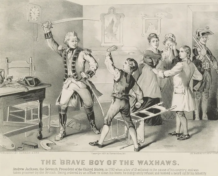 Framed Print : The Brave Boy of the Waxhaws, depicts a British soldier bringing his sword down on a 13 year old prisoner of war, Andrew Jackson