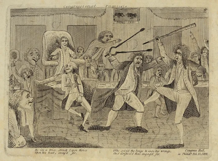 Framed Print : Brawl on the floor of the US House of Representatives. Fight between Vermont Representative Matthew Lyon and Roger Griswold of Connecticut