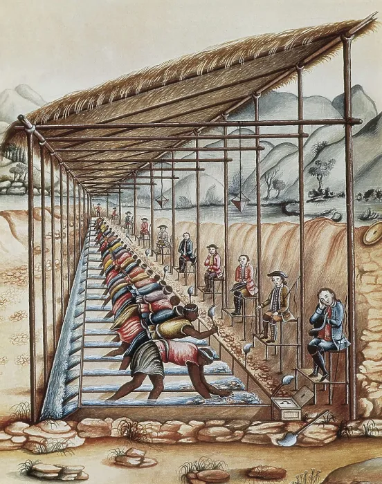Framed Print : Brazil (18th c.). Slaves cleaning precious stones guarded by a 'feitor' with a whip. Painting. AISA / Everett Collection**US SALES ONLY** Framed Print : Brazil (18th c.). Slaves cleaning precious stones guarded by a 'feitor' with a whip. Painting. AISA / Everett Collection**US SALES ONLY**