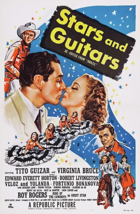 Framed Print : BRAZIL, (aka STARS AND GUITARS, reissue title), US poster art, from left: Tito Guizar, Virginia Bruce, Edward Everett Horton, 1944