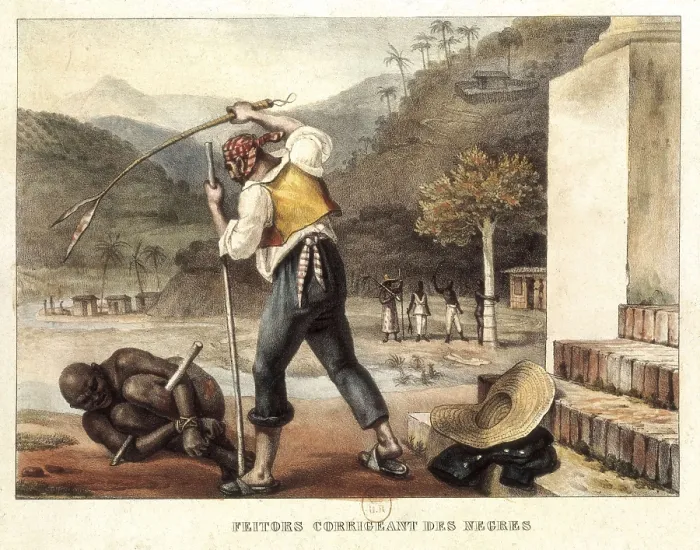 Framed Print : Brazil (s. XIX). Feitor punishing a black slave. Ilustration of 'Voyaqe Pittoresque et Historique au Bresil' (1834-1839) by Jean Baptiste Debret. Litography