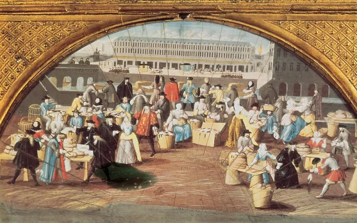 Framed Print : Bread and Poultry Market at Quai des Grands Augustins in Paris. Design for a fan c.1670. Gouache; Painting. FRANCE. Paris. Muse Carnavalet (Carnavalet Museum)