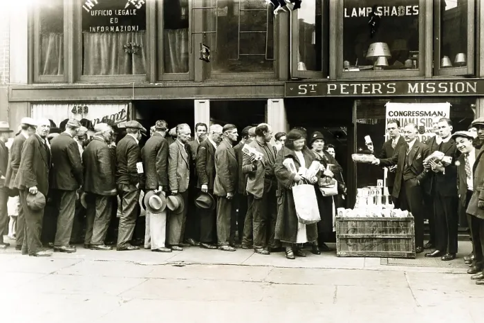 Framed Print : Breadline for the needy in New York City. Representative Peter Sirovich (left) and Father William Normen distribute loaves of bread at St. Peter's Mission. Ca. Oct. 28, 1930