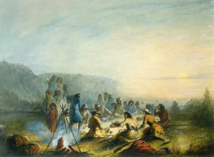 Framed Print : Breafast at sunrise, by Alfred Jacob Miller, 1858 - 1860, 19th Century, watercolour on paper, 26 x 32, 7 cm - USA, Baltimore, The Walters Art Museum. Whole artwork view