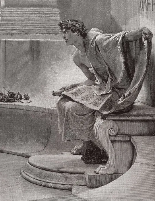 Framed Print : BREND'AMOUR, Richard (1831-1915). A Reading from Homer. 1892. Copy of Lawrence Alma-Tadema's oil that is preserved at the Philadelphia Museum of Art and dated of 1885