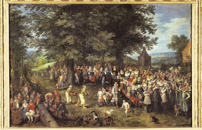 Framed Print : Breugel, Jan, The Elder, called 'Velvet Bruegel' (1568-1625). Wedding banquet presided by the Archdukes. ca. 1617. Flemish art. Oil on canvas. SPAIN. Madrid