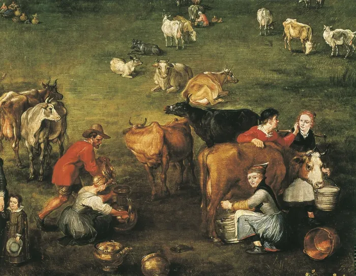 Framed Print : Breugel, Jan, The Elder, called 'Velvet Bruegel' (1568-1625). The Peasant Life. ca. 1617. Lower right-hand detail, milking of the cows. Flemish art. Oil on wood. SPAIN