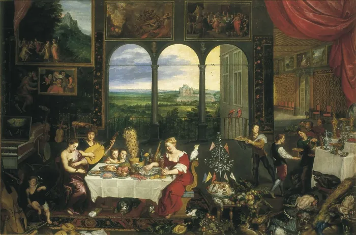 Framed Print : Breugel, Jan, The Elder, called 'Velvet Bruegel' (1568-1625). Taste, Hearing and Touch. 1617 - 1618