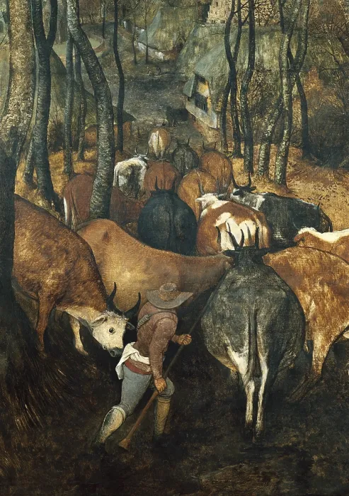 Framed Print : Breugel, Pieter, The Elder, called 'Peasant Bruegel' (1525-1569). The Return of the Herd. 1565. Left-hand lower detail depicting a sheperd leading a herd of cows