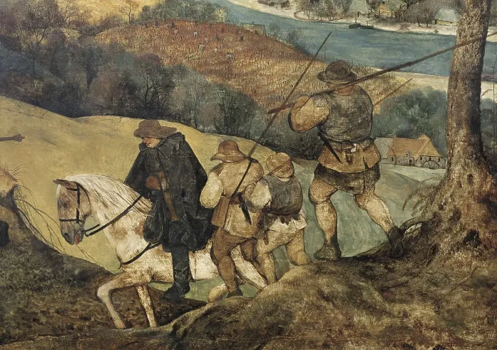 Framed Print : Breugel, Pieter, The Elder, called 'Peasant Bruegel' (1525-1569). The Return of the Herd. 1565. Right-hand lower detail depicting some sheperds