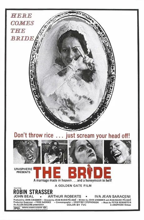 Framed Print : THE BRIDE, (aka THE HOUSE THAT CRIED MURDER), US poster art, Robin Strasser (top), bottom: Arthur Roberts (left), Iva Jean Saraceni (knife), Robin Strasser (eyes wide open), 1973