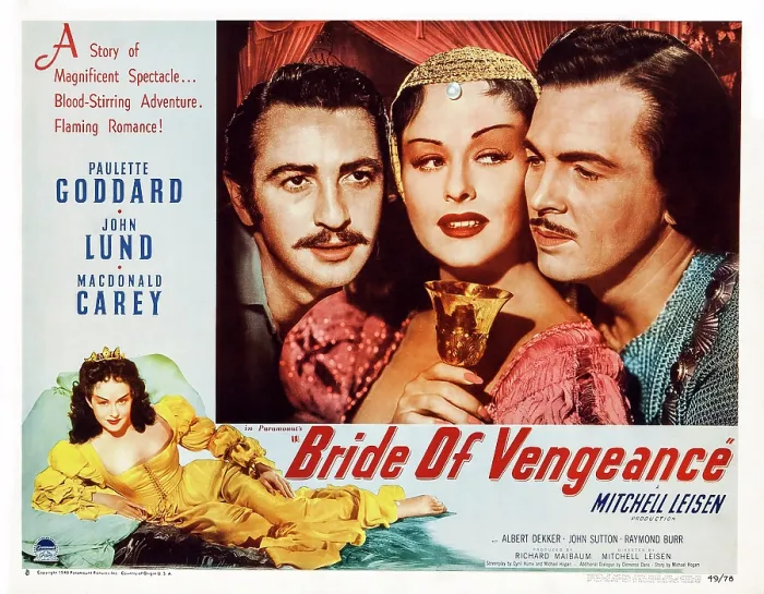 Framed Print : BRIDE OF VENGEANCE, US poster art, top from left: Macdonald Carey, Paulette Goddard, John Lund; bottom: Paulette Goddard 1949