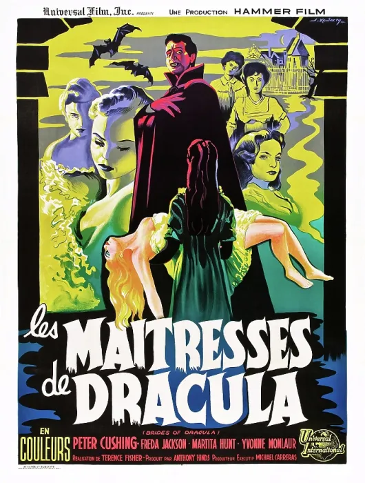 Framed Print : THE BRIDES OF DRACULA (aka LES MAITRESSES DE DRACULA), French poster art, David Peel (center), 1960