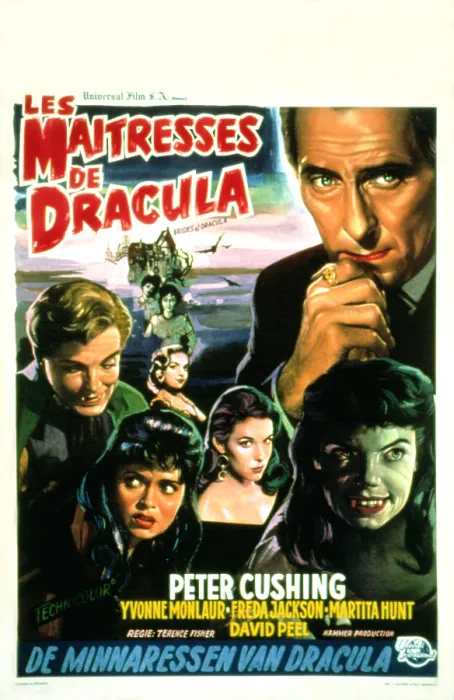 Framed Print : THE BRIDES OF DRACULA, (aka LES MAITRESSES DE DRACULA), Belgian poster art, David Peel, Yvonne Monlaur, Peter Cushing, Andree Melly, 1960