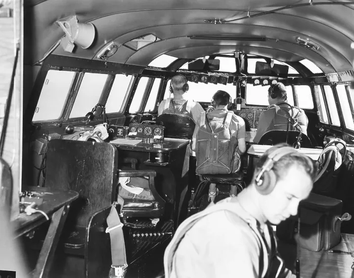 Framed Print : The bridge deck or cabin of the 82-ton Douglas B-19, the world's largest bomber. Nov. 13, 1941. With backs to camera are the pilot, flight engineer, and co-pilot