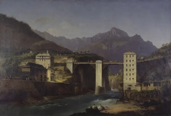 Framed Print : Bridge over Devero at Crevola, by Marco Gozzi, 1820, 19th century, oil on canvas, 81.5 x 110.5 cm. - Italy, Lombardy, Milan, Brera Collection. Whole artwork view