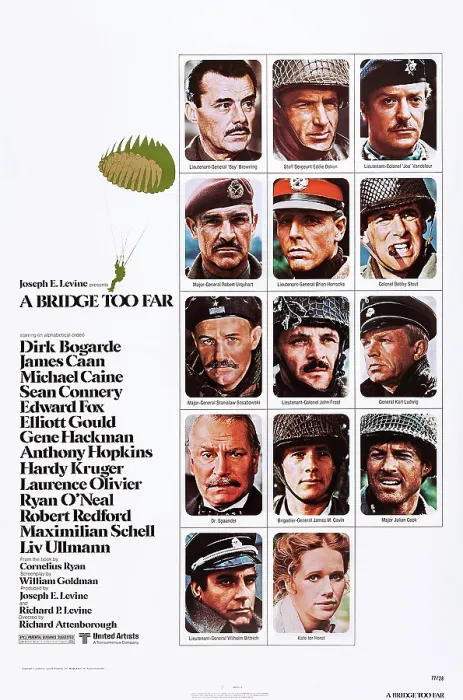Framed Print : A BRIDGE TOO FAR, top l-r: Dirk Bogarde, James Caan, Michael Caine, 2nd row l-r: Sean Connery, Edward Fox, Elliott Gould, 3rd row l-r: Gene Hackman, Anthony Hopkins, Hardy Kruger