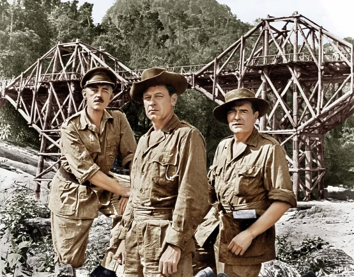 Framed Print : THE BRIDGE ON THE RIVER KWAI, from left: Alec Guinness, William Holden, Jack Hawkins, 1957