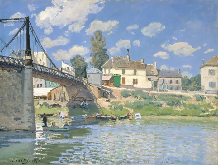 Framed Print : The Bridge at Villeneuve-la-Garenne, by Alfred Sisley, 1872, French impressionist oil painting. Sisley painted this modern bridge to the Paris suburb of St