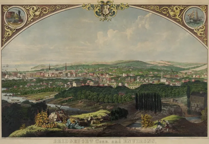 Framed Print : Bridgeport, Connecticut as seen from Old Mill Hill, c. 1857, hand-colored lithograph by Walter Staengel. In the second half of the 19th century, Bridgeport industrialized