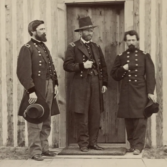 Framed Print : Brig. General John A. Rawlins (left) with Lieut. Gen. Ulysses Grant, (center) and an unidentified officer, c. 1864. Rawlins served on Grants staff throughout the US Civil War