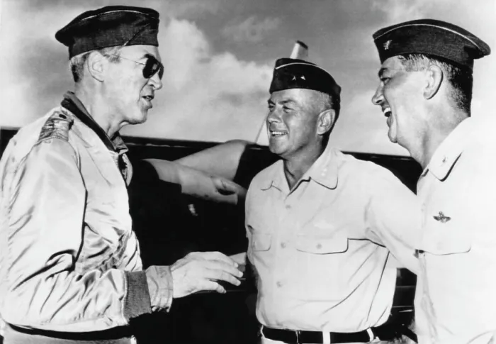 Framed Print : Brigadier General James Stewart, visiting soldiers in Guam prior to their tour of Vietnam, l-r: James Stewart, General William Crum, and Colonel Temple Cumislley, March 19, 1966