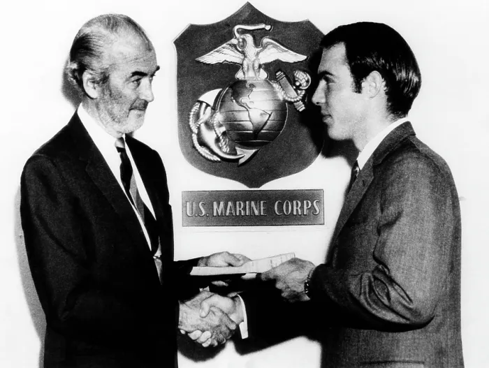 Framed Print : Brigadier General Jimmy Stewart, shaking hands with his stepson Ronald Stewart after he was sworn into the Marine Corps on October 13, 1967 Framed Print : Brigadier General Jimmy Stewart, shaking hands with his stepson Ronald Stewart after he was sworn into the Marine Corps on October 13, 1967