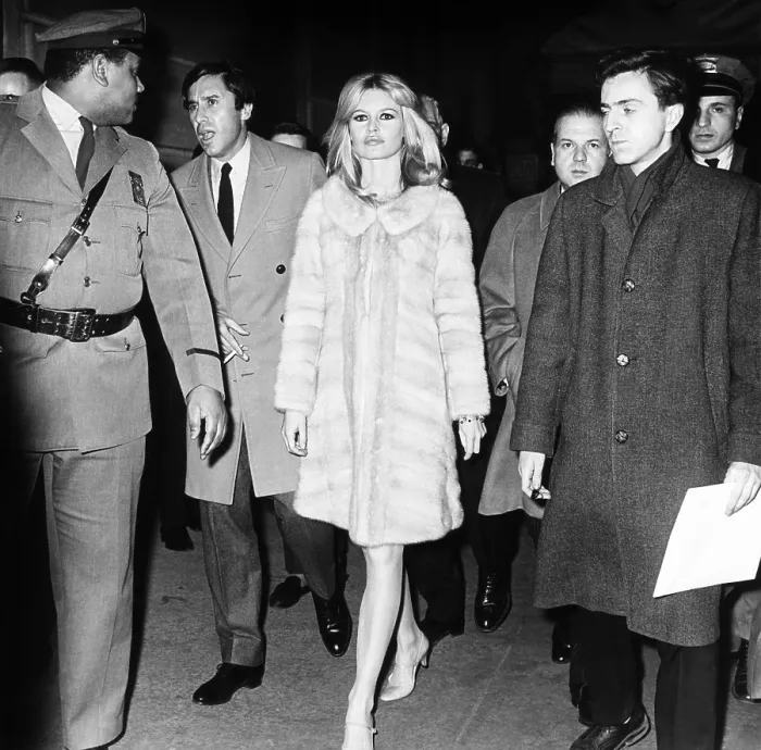 Framed Print : Brigitte Bardot and her party venturing out of the Plaza Hotel, Dec. 17, 1965. She visited New York to attend the American premiere of her latest movie, VIVA MARIA
