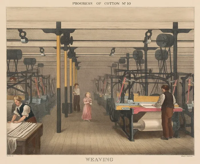 Framed Print : British 1840s depiction the Progress of Cotton, by Richard Barfoot, 10 of 12. The previous steps culminate in the machine Weaving of the fabric Framed Print : British 1840s depiction the Progress of Cotton, by Richard Barfoot, 10 of 12. The previous steps culminate in the machine Weaving of the fabric