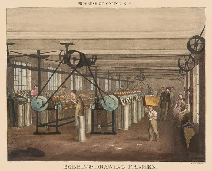 Framed Print : British 1840s depiction the Progress of Cotton, by Richard Barfoot, 5 of 12. After the cotton is carded, it is processed in the Bobbin and Drawing-Frames