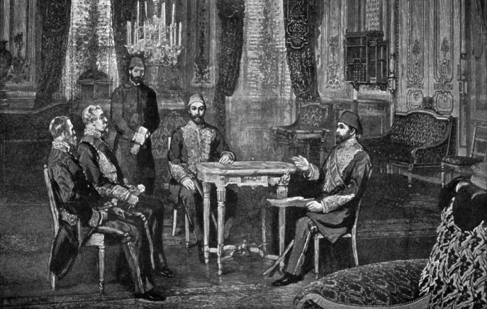Framed Print : British Ambassador Phillip Currie protests Armenian massacres to the Ottoman Sultan. The 1894 pogroms by Kurds and Ottoman forces killed 10, 000 Armenians Framed Print : British Ambassador Phillip Currie protests Armenian massacres to the Ottoman Sultan. The 1894 pogroms by Kurds and Ottoman forces killed 10, 000 Armenians