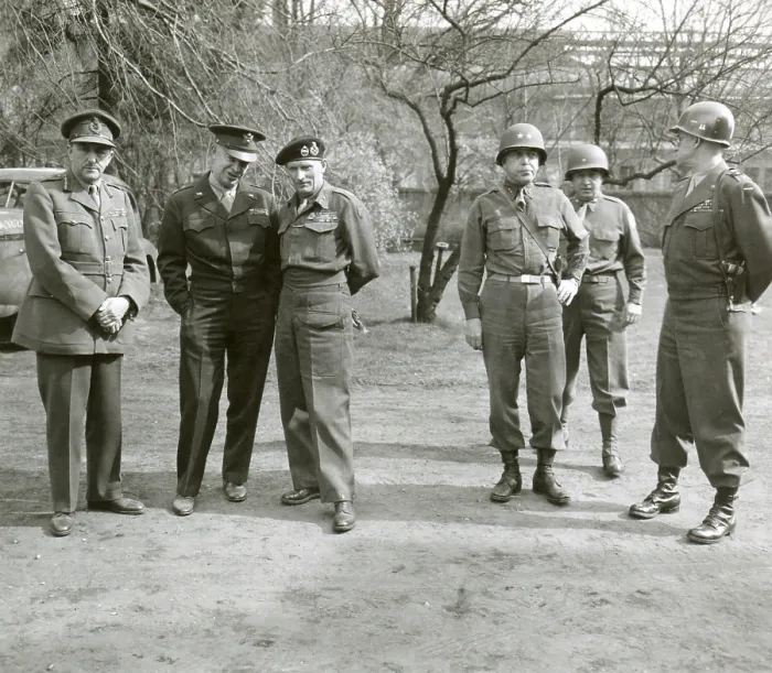 Framed Print : British and American World War 2 Commanders during a visit by Winston Churchill. At XVI Corps Headquarters, Germany, March 25, 1945