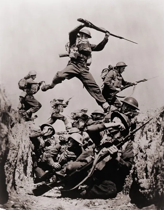 Framed Print : British Black Watch regiment in training in 1940. Members of the regiment crouch in a trench while others jump across overhead during a bayonet charge Framed Print : British Black Watch regiment in training in 1940. Members of the regiment crouch in a trench while others jump across overhead during a bayonet charge