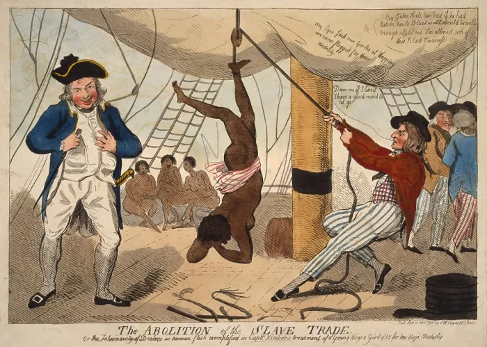 Framed Print : British cartoon of a true event, in which Captain John Kimber had a 15 year old captive suspended, whipped, and tortured