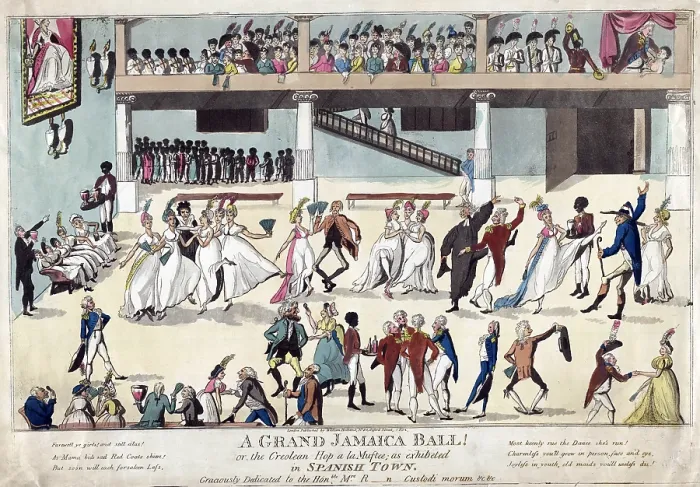 Framed Print : British colonists dancing and served by African slaves at a ball in Spanish Town, Jamaica. The print six lines of verse warning women against loose living