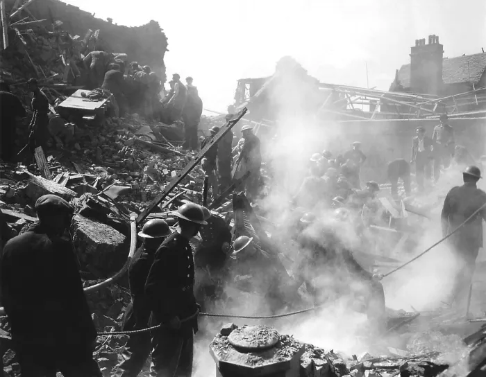 Framed Print : British firemen and civilians at wreckage caused by German unmanned rockets, the V-1 and V-2. Ca. 1944-45. World War 2. (BSLOC_2014_10_65)