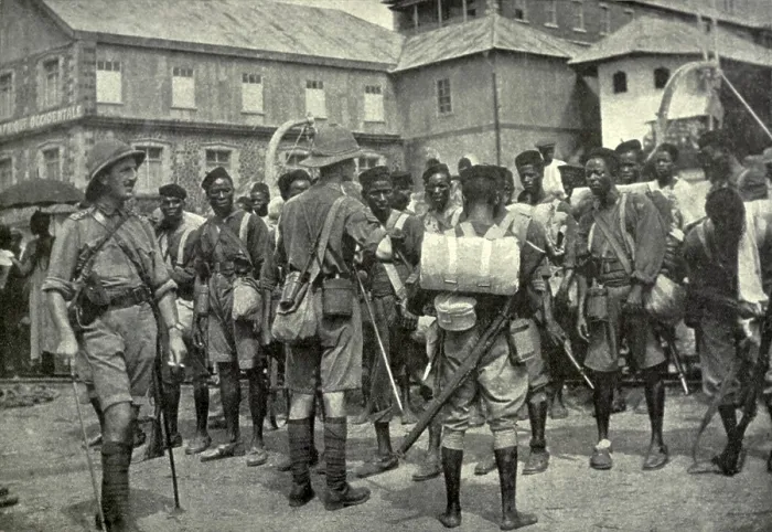 Framed Print : British native troops embarking at Freetown, Sierra Leone for German Cameroon. 1914. They captured the colonial capital of Douala on Sept. 27, 1914