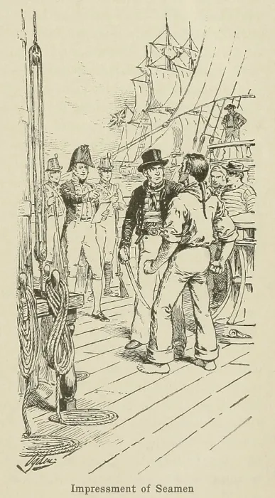 Framed Print : British officers impressing a seaman after boarding an American ship. Ca. 1810