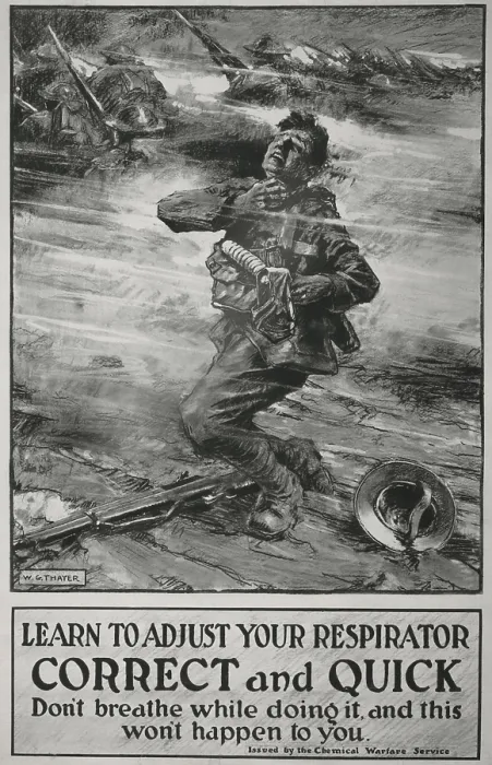 Framed Print : British poster instructing soldiers in use of WW1 gas masks. 1915. It reads, Learn to adjust your respirator correct and quick