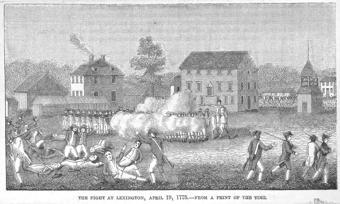 Framed Print : British troops firing on Minute Men in Lexington Massachusetts, etching, between 1850 - 1880 Framed Print : British troops firing on Minute Men in Lexington Massachusetts, etching, between 1850 - 1880