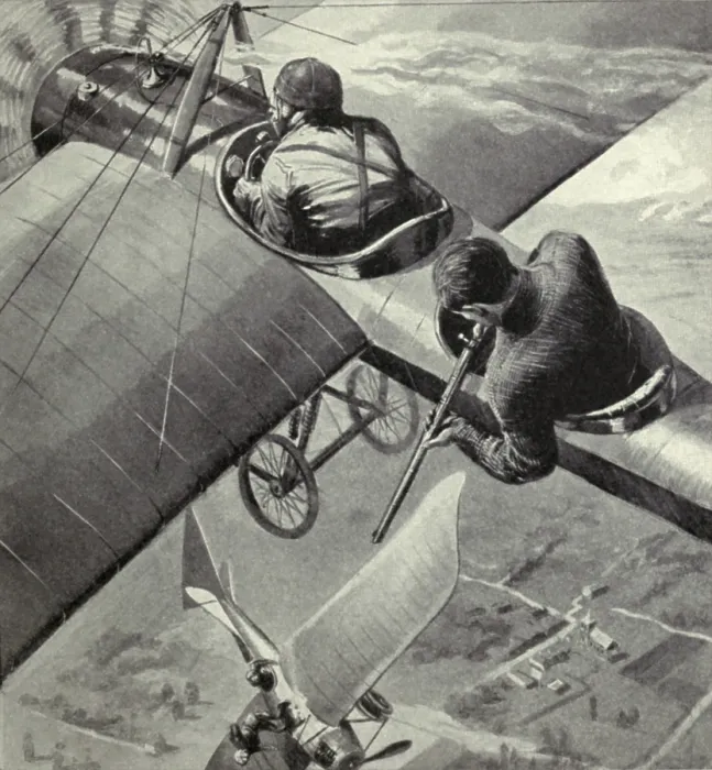 Framed Print : British two-seater monoplane fires on a WW1 German Taube fighter. 1914-15. A rifle is used to shoot the pilot of the German plane. (BSLOC_2012_4_77)