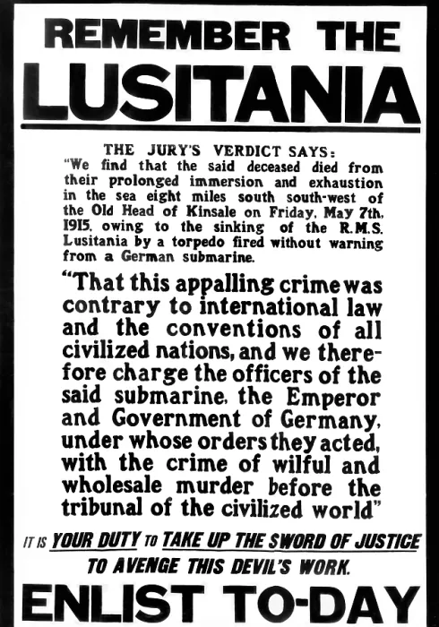Framed Print : British World War I enlistment poster. The text reads in part: Remember the Lusitania. It is your duty to take up the sword of justice to avenge this devil's work