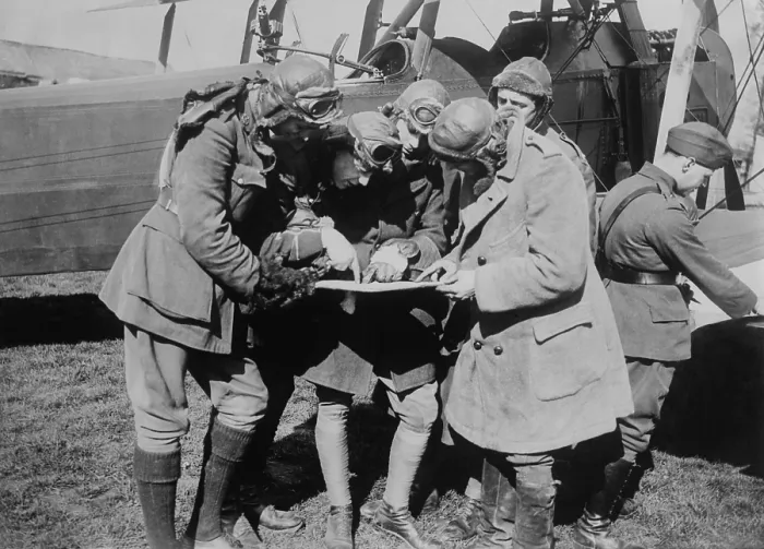 Framed Print : British WW1 flyers consultation prior to taking to the air. 1915-18. (BSLOC_2012_4_73)