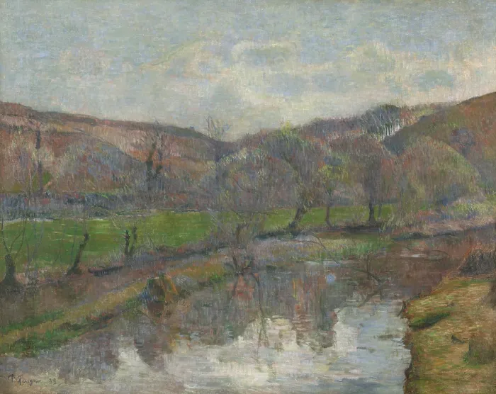 Framed Print : Brittany Landscape, by Paul Gauguin, 1888, French Post-Impressionist painting, oil on canvas. Gauguin built this painting with small impressionist brushstrokes (BSLOC_2016_5_271)